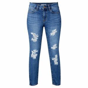 High Rise Rip & Repair Slim Jeans Medium Wash Size 0/24 Rigid Front Stretch Back